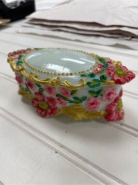 Antique Victorian Hand-Painted Floral Milk Glass Oval Dresser Box